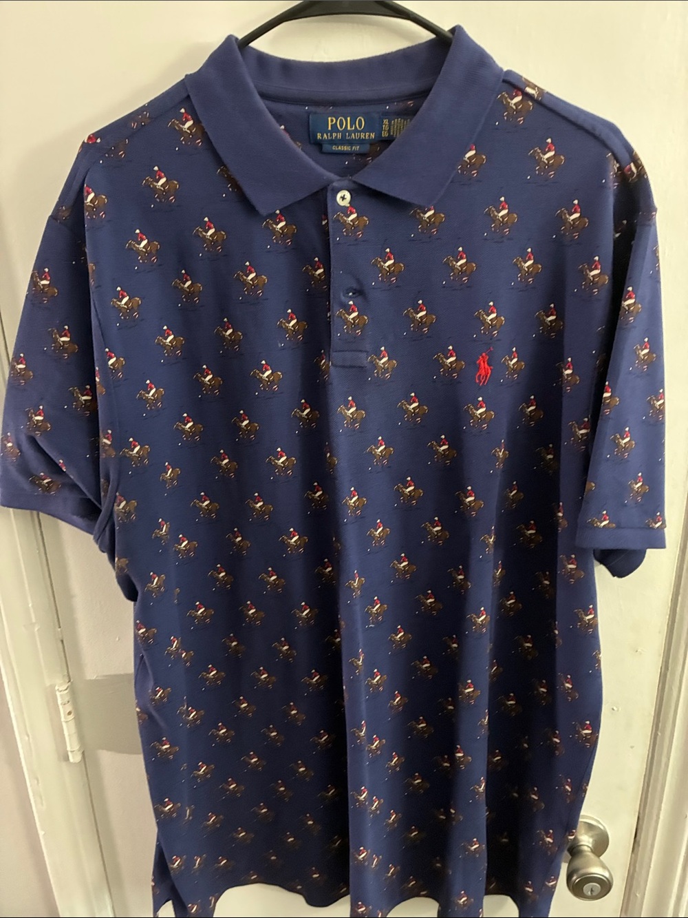 Polo by Ralph Lauren Navy Polo Shirt with Equestrian Print and Red Pony